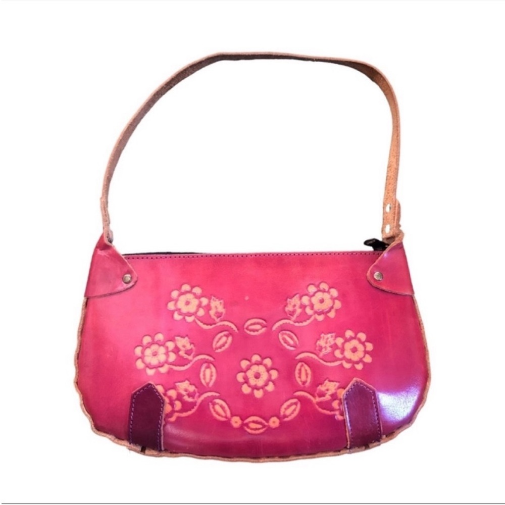 Boho Floral Embossed Tooled Red Leather Mini Bag Handmade Hippie Grunge Bohemian